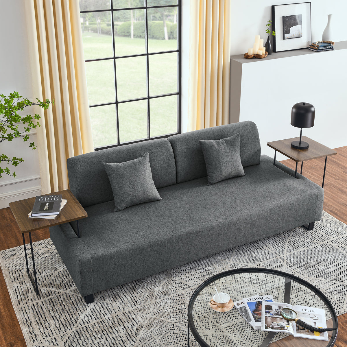 Linen Fabric 3 Seat Sofa with Two End Tables and Two Pillows, Removable Back and Armrest, Morden Style Upholstered 3-Seat Couch for Living Room W487139512-djyc
