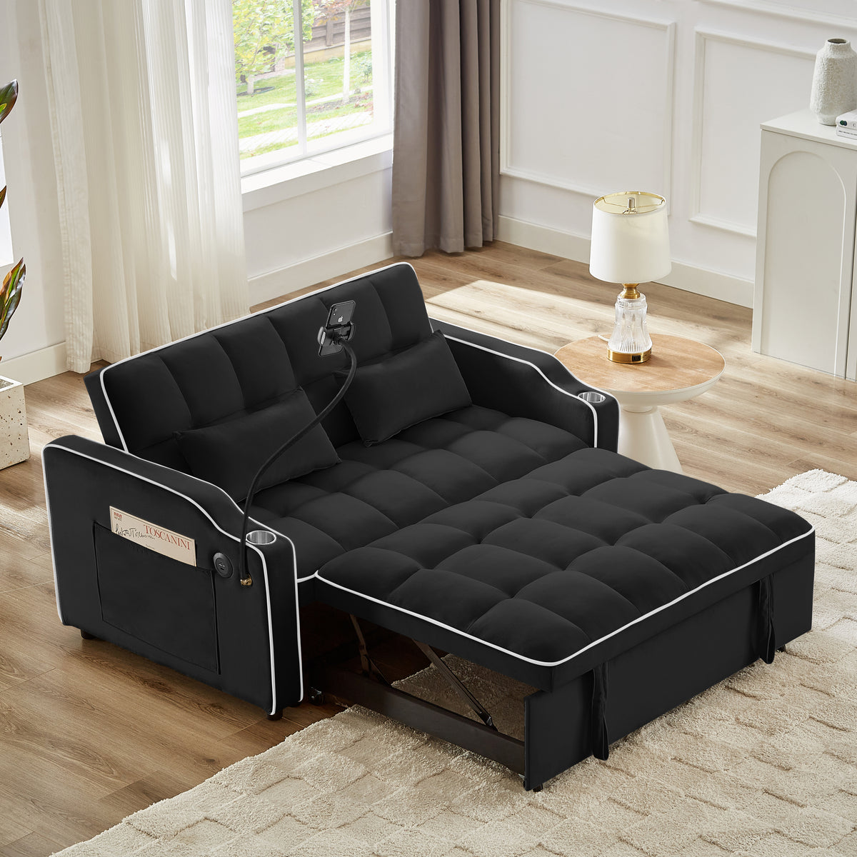 1 versatile foldable sofa bed in 3 lengths, modern sofa sofa sofa velvet pull-out bed, adjustable back and with USB port and ashtray and swivel phone stand (black) W2151127337-djyc