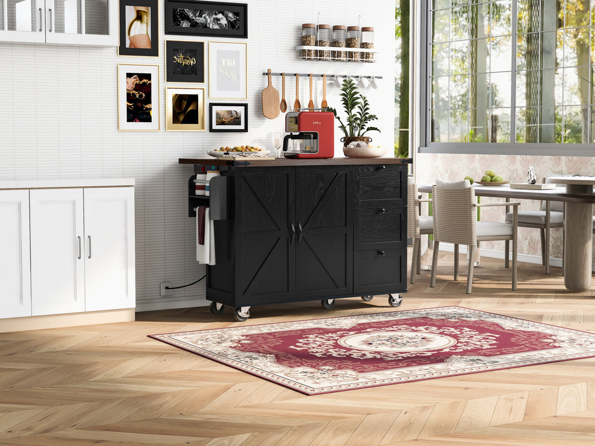 K&K 54.5" Farmhouse Kitchen Island with Power Outlet, Kitchen Storage Islandwith Internal Storage Rack, Drop Leaf, Spice Rack, Rolling Kitchen Cart on Wheels, for Home, Kitchen and Dining Room,Black N707P170349B-djyc