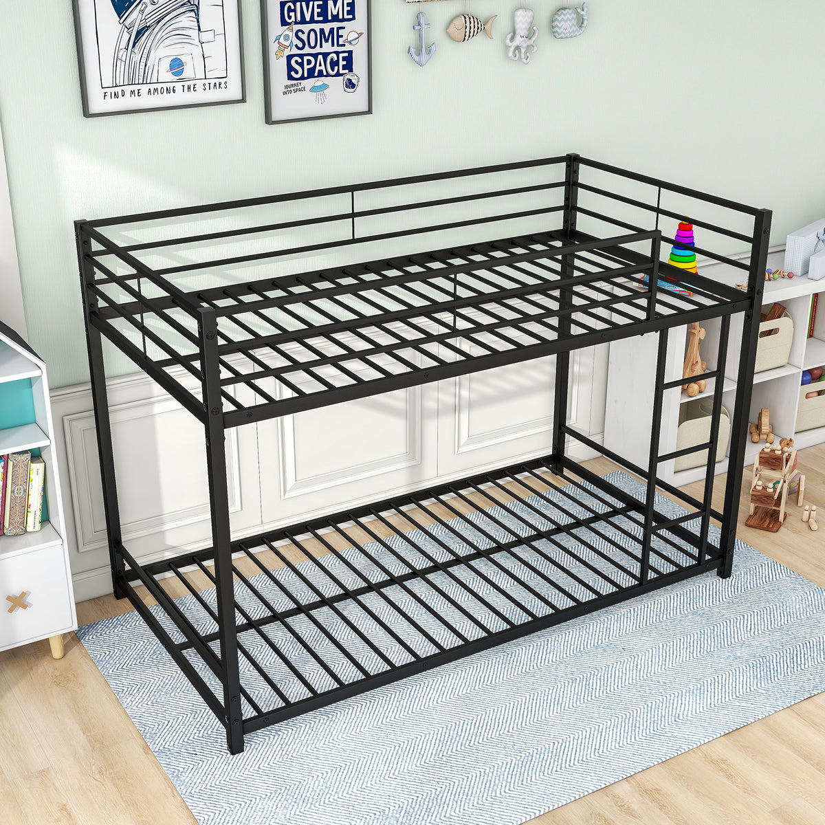 Metal Bunk Bed Twin Over Twin, Bunk Bed Frame with Safety Guard Rails, Heavy Duty Space-Saving Design, Easy Assembly Black W84063609-djyc