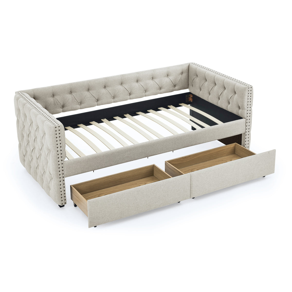 Upholstered Twin Size Daybed with Two Drawers, with Button and Copper Nail on Square Arms, Beige (82.75''x43''x30.75'') W487S00217-djyc