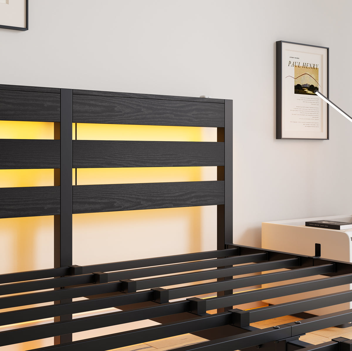 Queen SizeMetal Bed Frame with Wooden Headboard, RGB Lights, Charger, Storage Shelf, Noise-Free, No Box Spring Needed, Black W840P209907-djyc