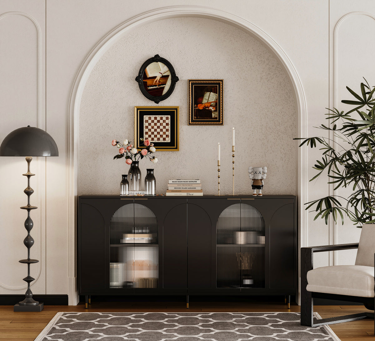 Accent Cabinet Black Lacquered Wooden Cabinet with 4 Glass Doors Sideboard Buffet Server Cabinet Storage Cabinet, for Living Room, Entryway, Hallway, Office, Kitchen and Dining Room W1435133310-djyc