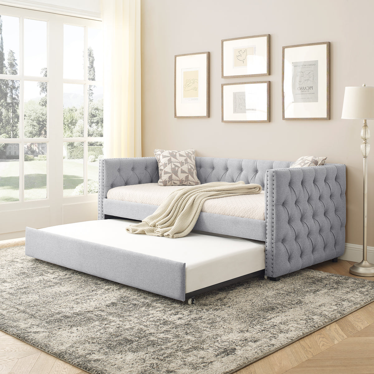 Daybed with Trundle Upholstered Tufted Sofa Bed, with Button and Copper Nail on Square Arms,both Twin Size,Grey(85'x42.5'x31.5')(Old SKU W487S00045) W487S00103-djyc