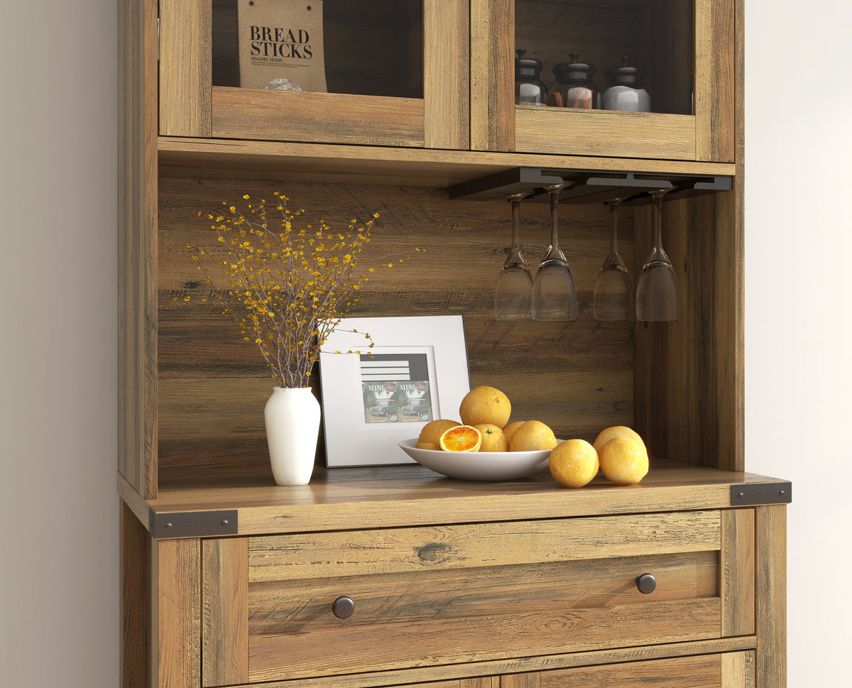 Modern Farmhouse Double Barn Door Accent Bar Cabinet with Goblet Holder, Yellow Walnut W881S00005-djyc