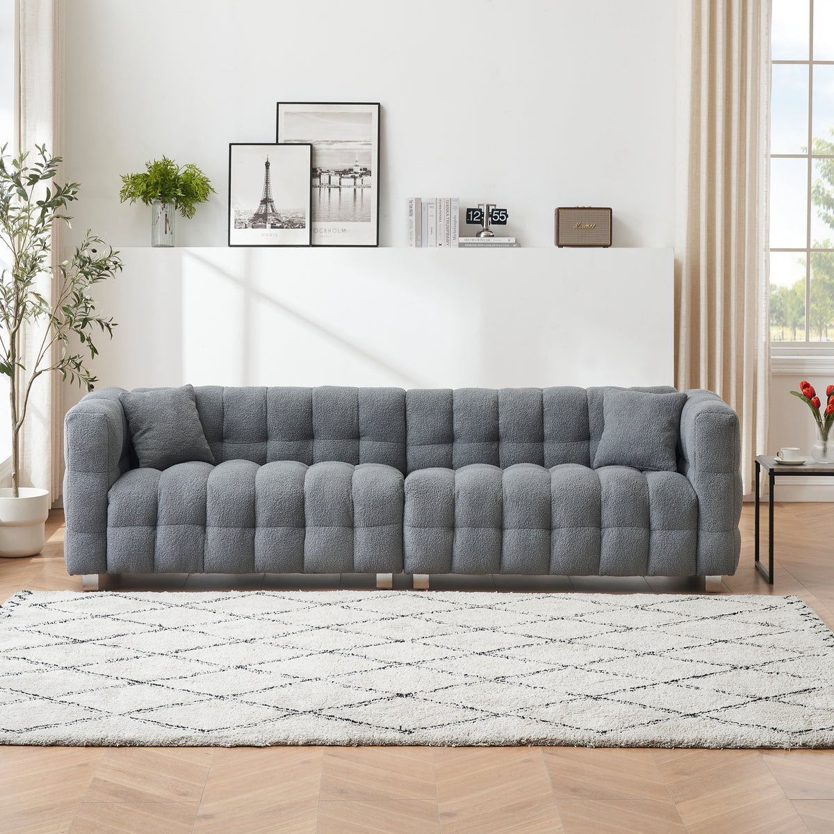 Elegant 102-Inch Gray Teddy Velvet Sofa for Living Room, Bedroom, or Apartment - Comes with Two Throw Pillows and Sturdy Hardware Feet for Enhanced Support W1278S00022-djyc