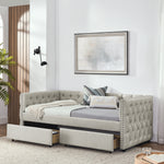 Upholstered Twin Size Daybed with Two Drawers, with Button and Copper Nail on Square Arms, Beige (82.75''x43''x30.75'') W487S00217-djyc