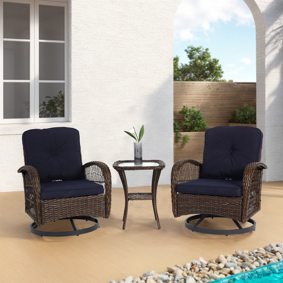 3 Pieces Outdoor Swivel Rocker Patio Chairs, 360 Degree Rocking Patio Conversation Set with Thickened Cushions and Glass Coffee Table for Backyard, Navy blue W640P263674-djyc