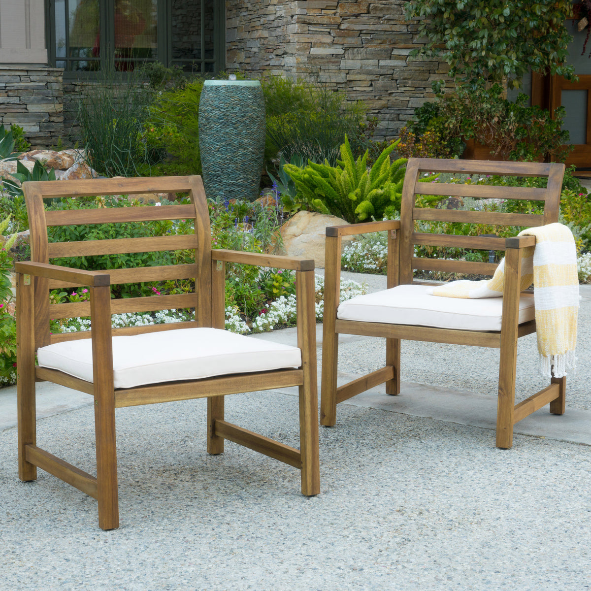 Outdoor Acacia Wood Club Chairs, 2-Pcs Set, Natural Stained / White, 25.5'D x 24.5'W x 33.0'H 56836-djyc