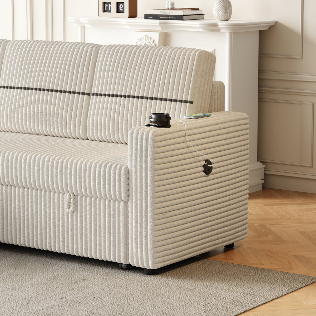 85 Inches Corduroy Sofa Bed, 3 Seater Sleeper Sofa with Storage Chaise, Square Handrail With Two Cup-holder And USB Charge Port, Pull Out Couch for Living Room W834S00272-djyc