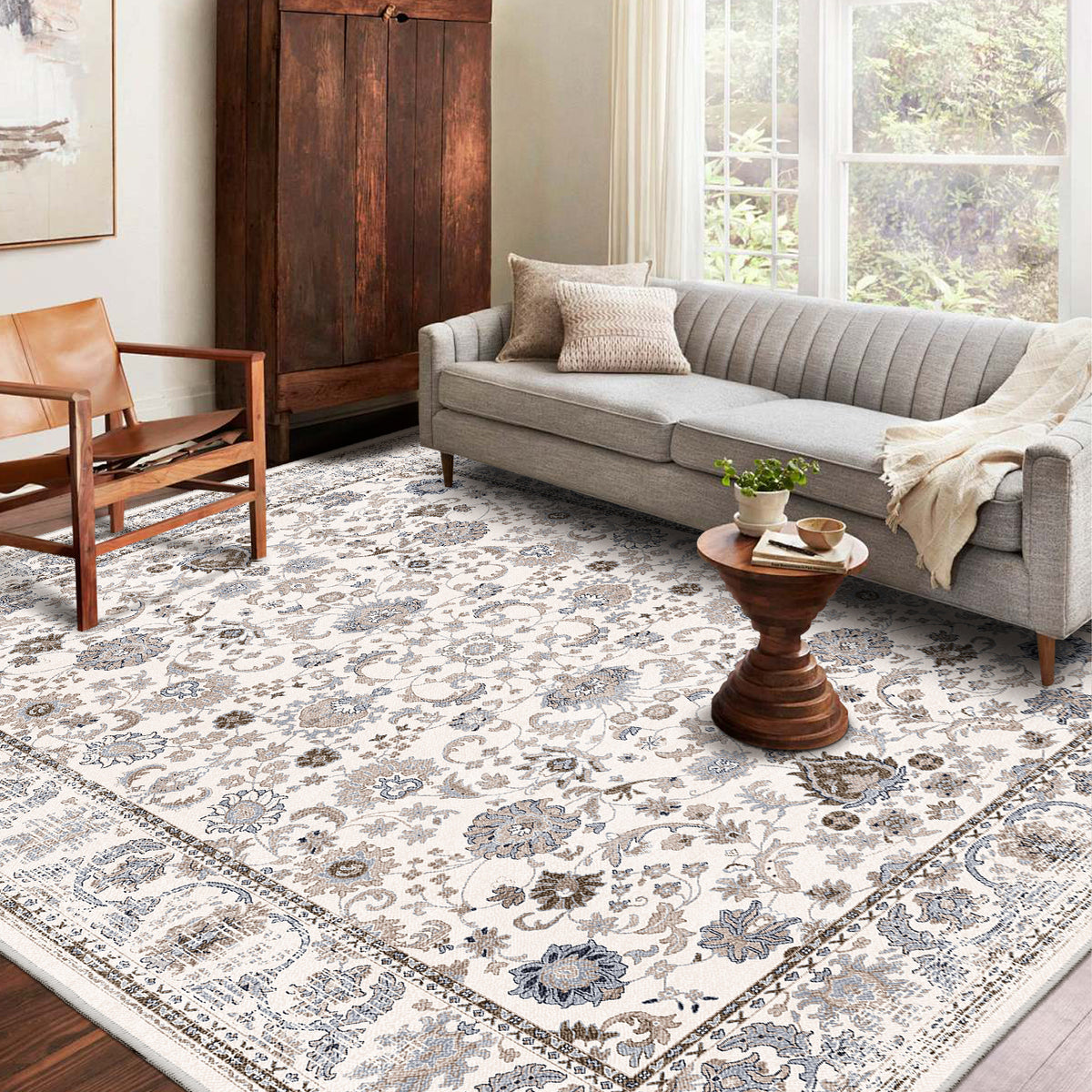 Area Rug 8x10 Vintage Bohemia Non-slip Washable Rug For Living Room Kitchen Bedroom Living Room Flower Design Light Khaki/Beige-W2907P265119
