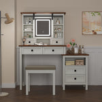 46.5'' Farmhouse Makeup Vanity Desk with Adjustible LED Lighted Mirror and Charging Station for Bedroom, Rustic Dressing Vanity Table with Side Cabinet and Cushioned Stool for Women W2557P167876-djyc