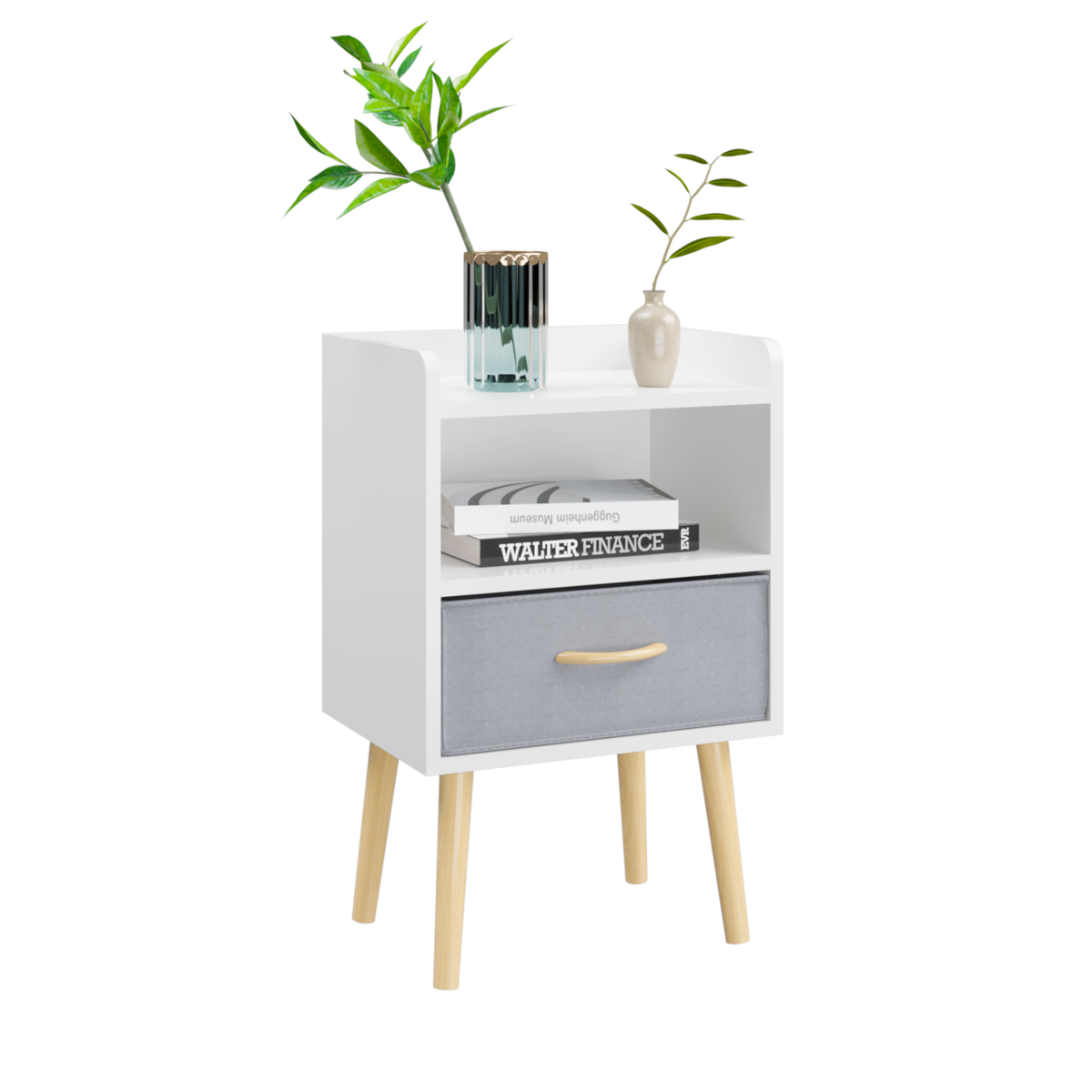 2PC Nightstand With Collapsible Fabric Drawer, 2-Tier Storage End Table, Wood Side Table with Storage Cabinet for Bedroom, Living Room - White W808P204530-djyc