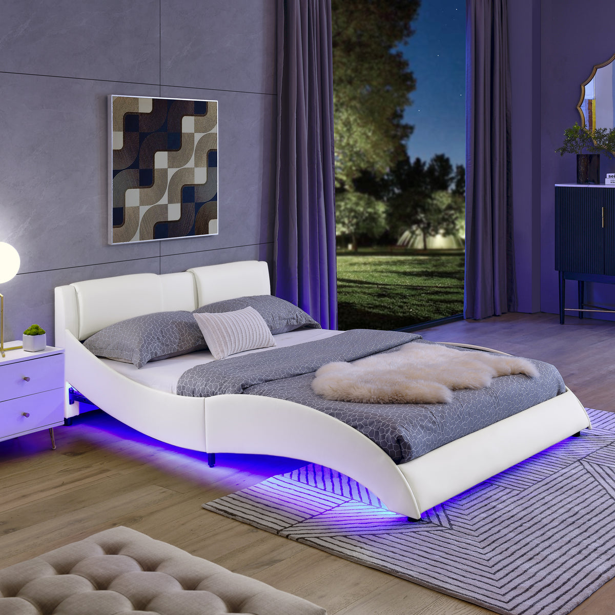 Queen Led Bed Frame Modern Faux Leather Upholstered Platform Bed Frame with RGB LED Lights and Headboard Wave Like Curve Low Profile Bed Frame,Wood Slats Support,Easy Assembly, White W487P169715-djyc