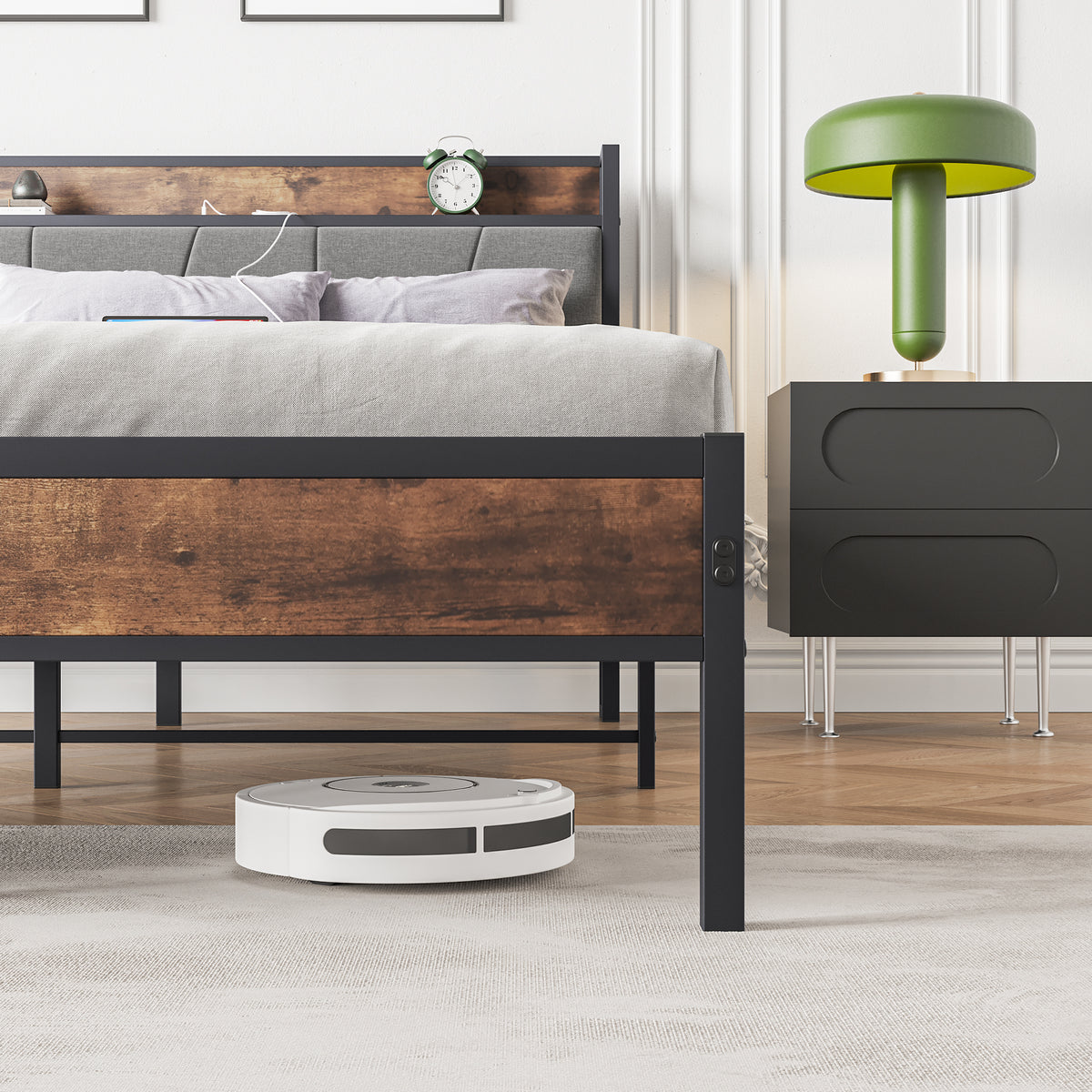 Queen Size Bed Frame, Storage Headboard with Charging Station, Solid and Stable, Noise Free, No Box Spring Needed, Easy Assembly, Vintage Brown and Gray W840120029-djyc