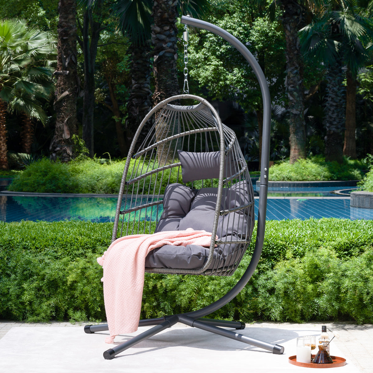 Outdoor Egg Hanging Chair with Stand, Patio Wicker Swing Egg Chair Indoor Swinging Chair Outdoor Hammock Egg Chair W2500P167885-djyc