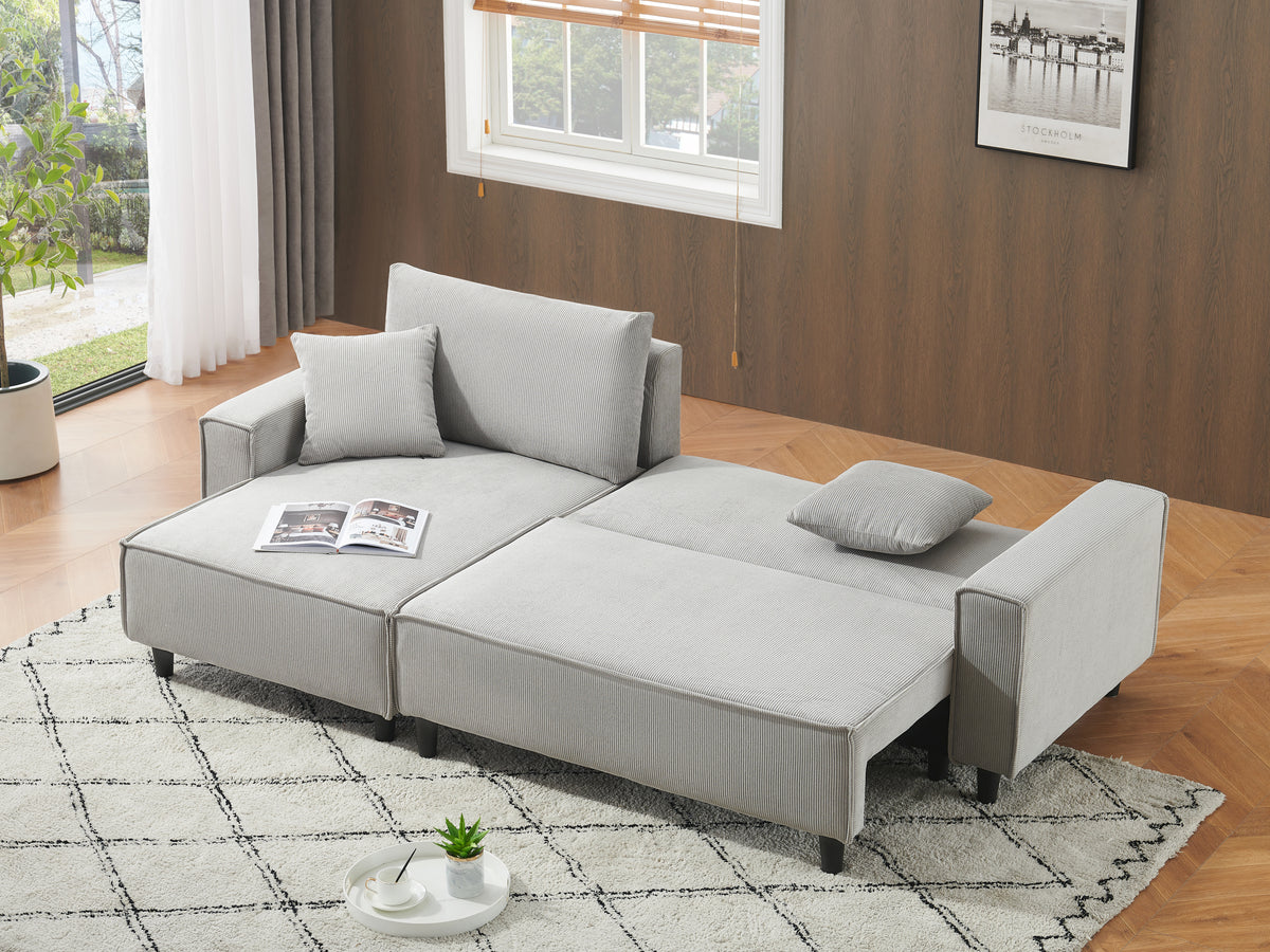Space-Saving 93-Inch Grey Corduroy Sofa Bed with Two Matching Pillows - Perfect for Living Room or Apartment, Ensuring a Neat and Uncluttered Space W1278S00025-djyc