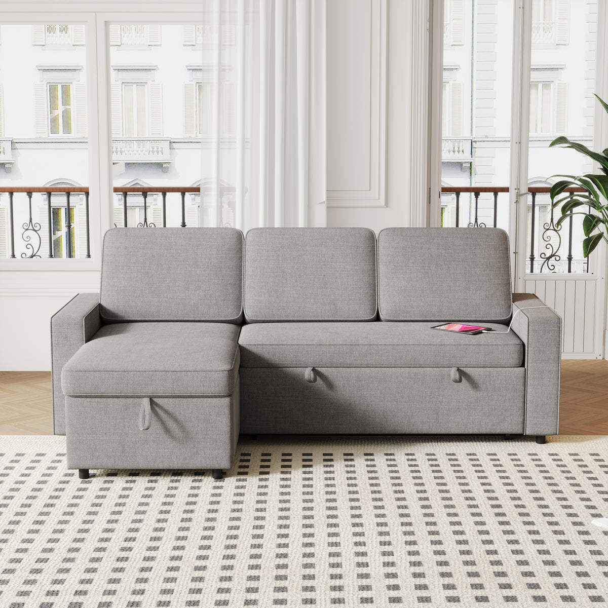 85.8" Pull Out Sleeper Sofa L-Shaped Couch Convertible Sofa Bed with Storage Chaise And Storage Racks,With USB Port And T-pyce Port W834S00268-djyc