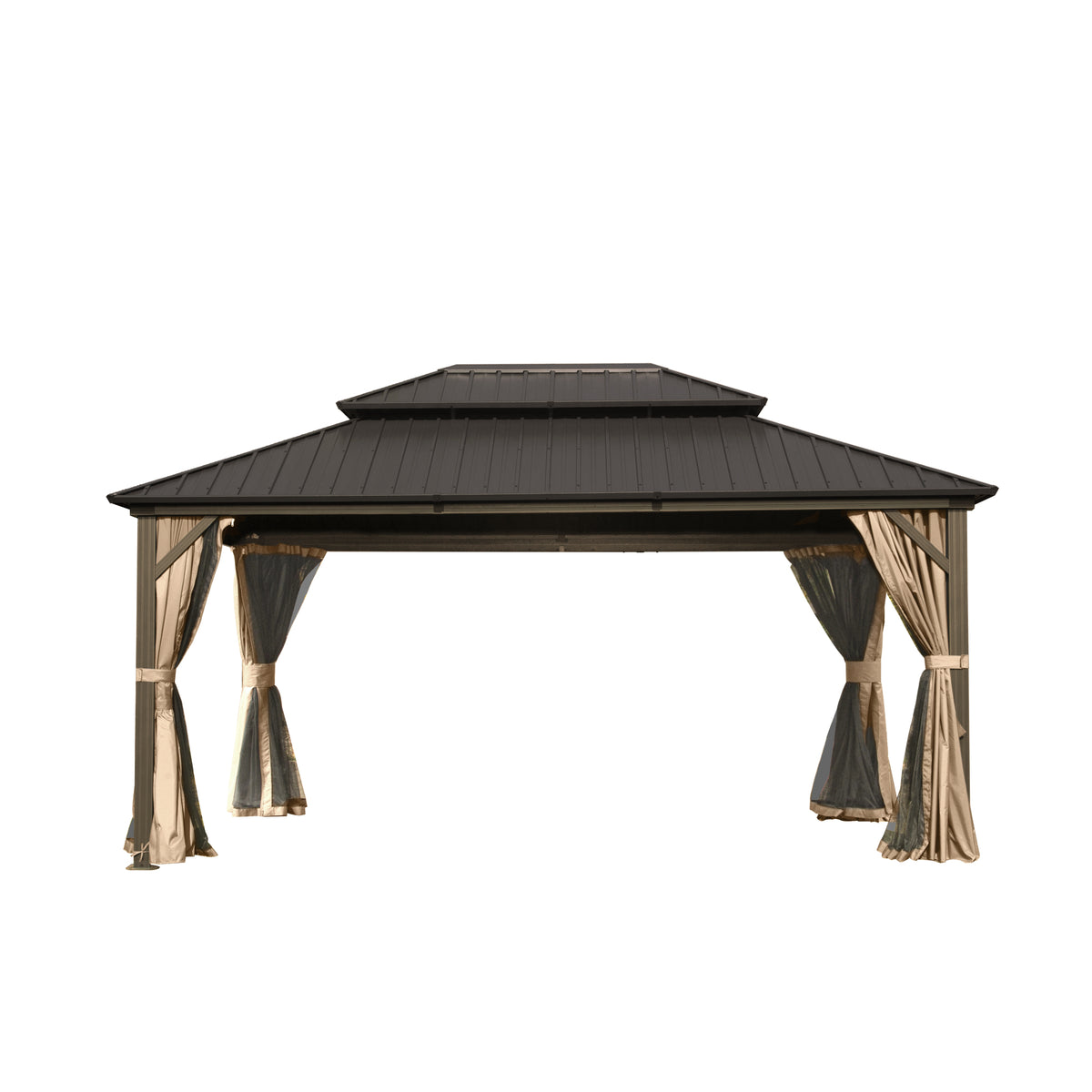 12' X 14' Hardtop Gazebo, Aluminum Metal Gazebo with Galvanized Steel Double Roof Canopy, Curtain and Netting, Permanent Gazebo Pavilion for Party, Wedding, Outdoor Dining, Brown W1859S00056-djyc