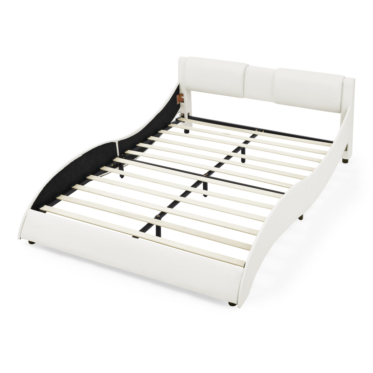 Queen Bed Frame Modern Faux Leather Upholstered Platform Bed Frame with and Headboard Wave Like Curve Low Profile Bed Frame,Wood Slats Support,Easy Assembly,White W487P169714-djyc