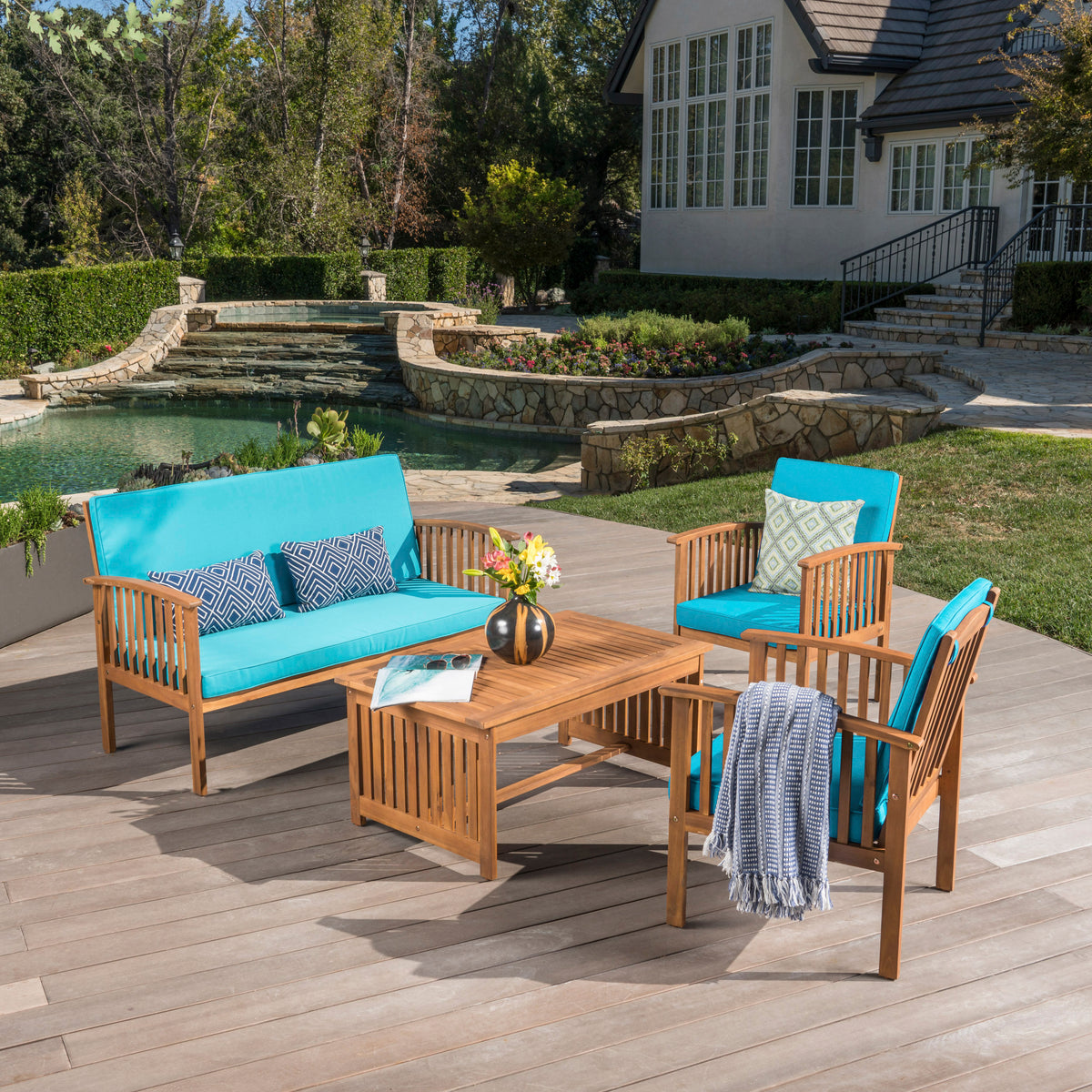 Outdoor Acacia Wood Sofa Set with Water Resistant Cushions, 4-Pcs Set, Brown Patina / Teal 59116.00T-djyc