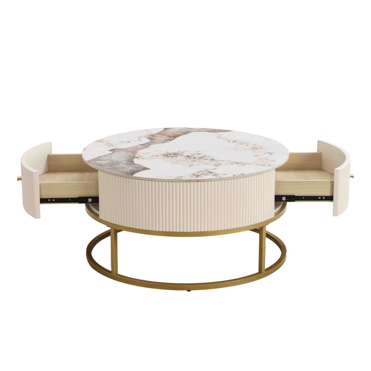 31.5 Inch Modern Round Coffee Table with Drawers, Marble Table with Storage, Coffee Table for Living Room W821P184399-djyc