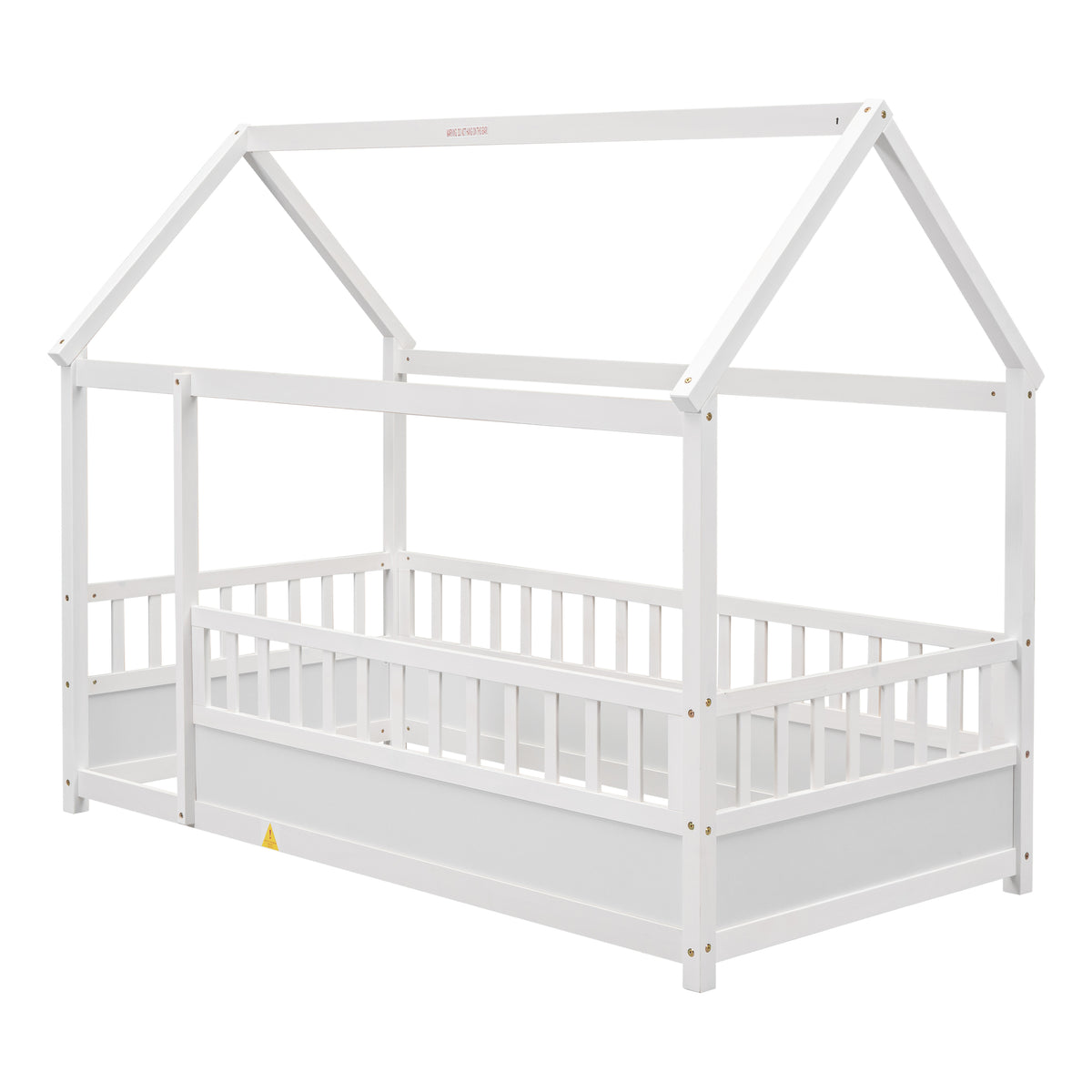 Twin Size Floor Wooden Bed with House Roof Frame, Fence Guardrails,White W1858123984-djyc