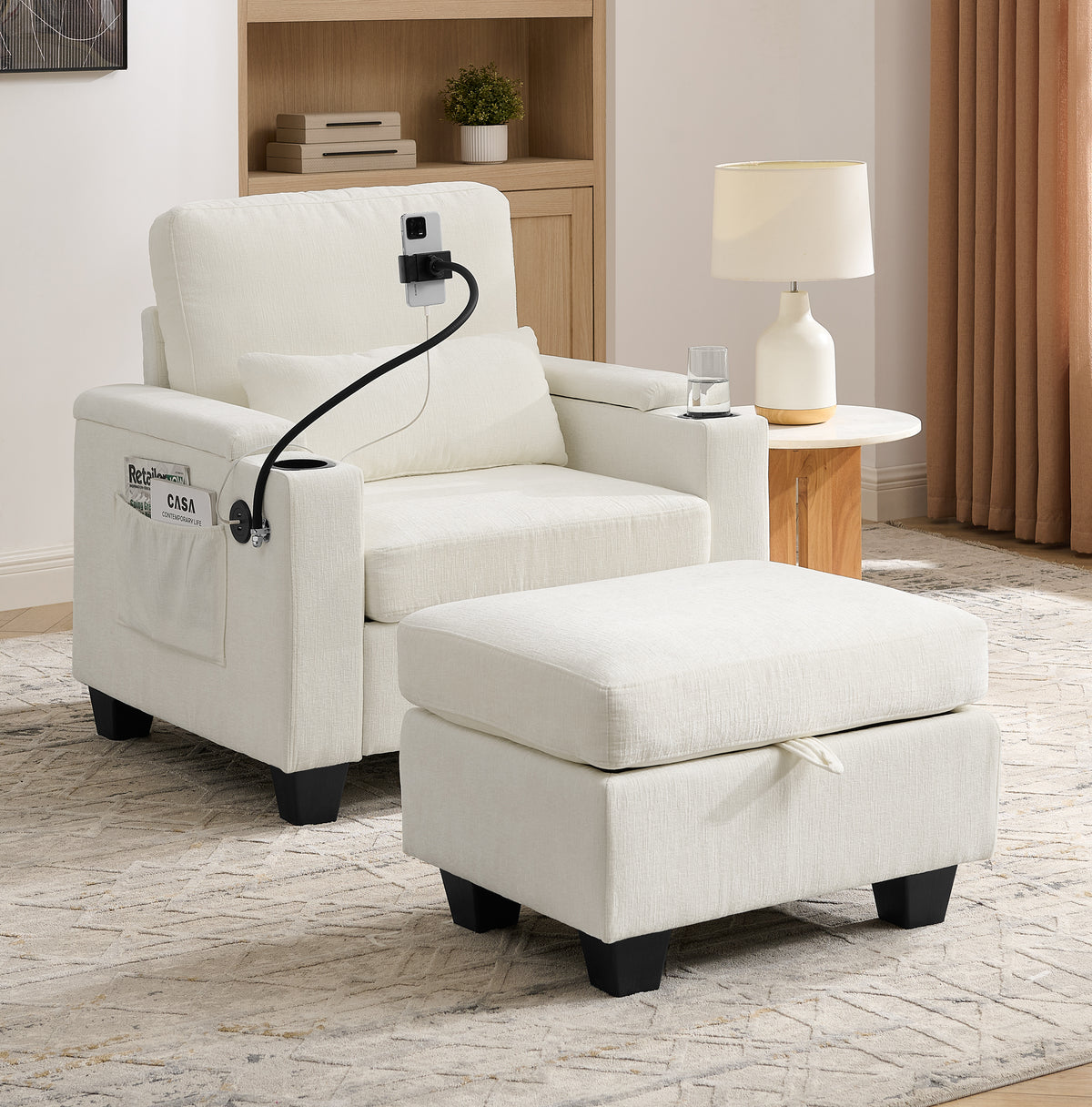 Single sofa recliner with manually adjustable backrest, USB charging port on the armrest side, phone stand included, hidden armrest storage, and a matching storage ottoman-Beige-W487P423650