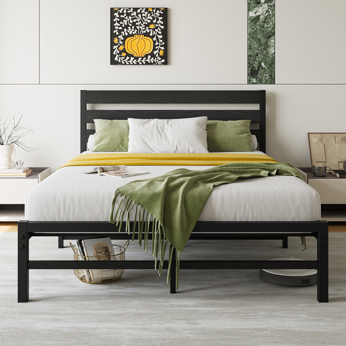 Full Size Platform Bed Frame with Rustic Vintage Wood Headboard, No Box Spring Needed Black W840P164957-djyc