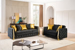 Lippa 2pc Upholstered Sofa and Loveseat Set in Black Fabric with Gold Stainless Steel Legs, Foam Cushioning and Sturdy Wood Frame-B009S02235