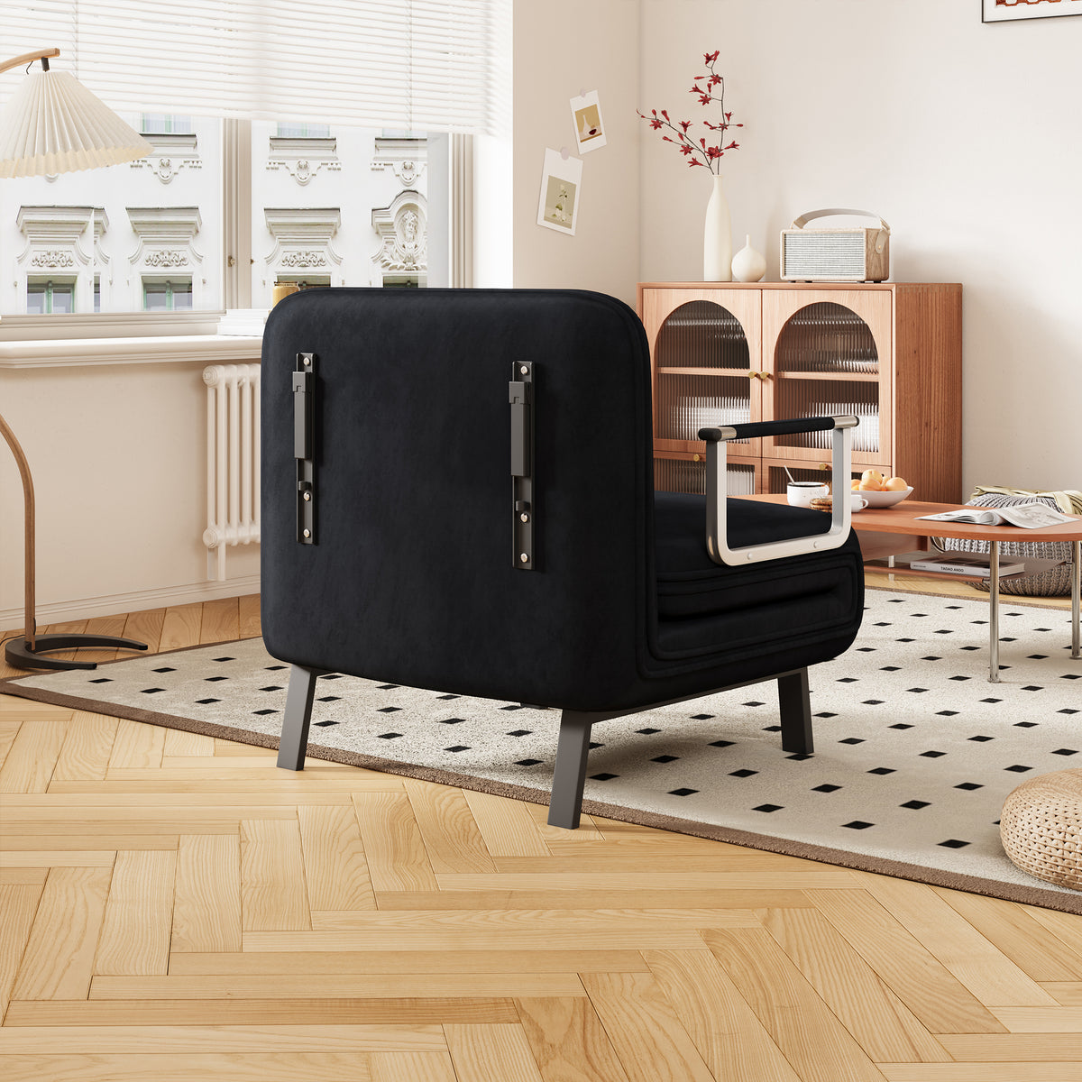 31.5″ Convertible Chair Bed, Tri-Fold Sofa Bed with Adjustable Backrest & Pillow, Leisure Chaise Lounge Couch with Sturdy Steel Frame for Home & Office, Comfortable Sleeper Chair black W1767P220577-djyc