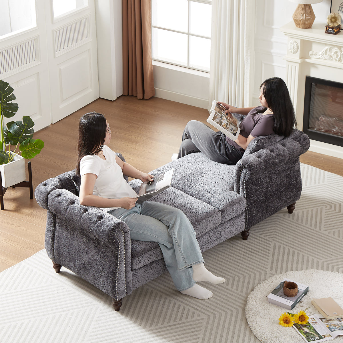 81-inch Chenille Face-to-face Chaise Lounge with Two Pillows,Nailhead trim,Button Tufted Design and Rolled Arms for Lounge, Living room and Office W834S00316-djyc