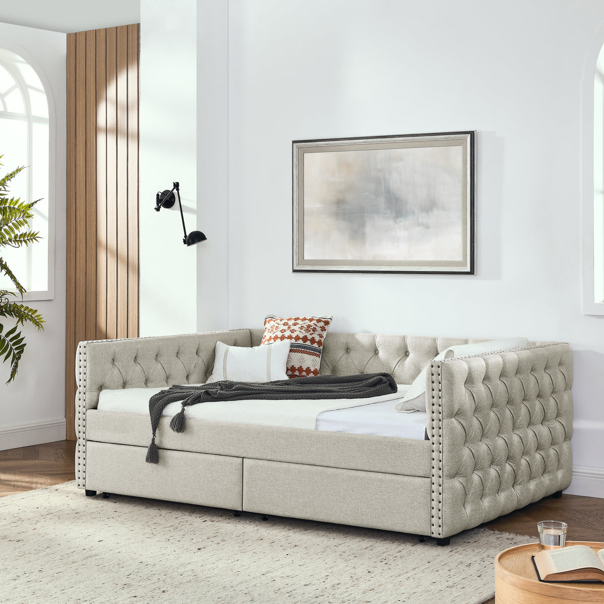 Upholstered Full Size Daybed with Two Drawers, with Button and Copper Nail on Square Arms, Beige (82.75''x58''x30.75'') W487S00219-djyc