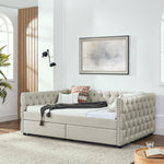 Upholstered Full Size Daybed with Two Drawers, with Button and Copper Nail on Square Arms, Beige (82.75''x58''x30.75'') W487S00219-djyc