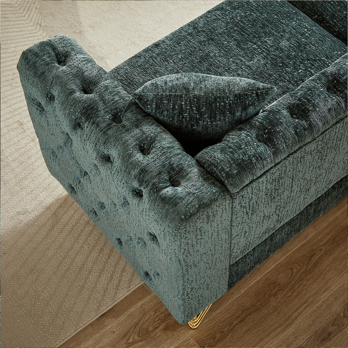 60-Inch Chenille Pull Buckle Design Sofa for Living Room,Buttons Tufted With Copper Nail Decoration Armrest, Modern Couch Upholstered Button And Metal Legs W834S00299-djyc