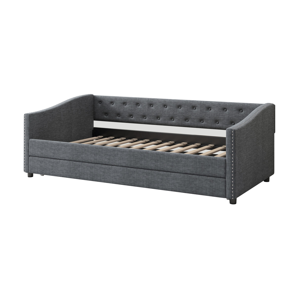 Twin Size Daybed with Twin Size Trundle Upholstered Tufted Sofa Bed, with Button on Back and Copper Nail on Waved Shape Arms-Dark Grey W2336S00008-djyc