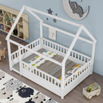 Full Size Floor Wooden Bed with House Roof Frame, Fence Guardrails,White W1858123986-djyc