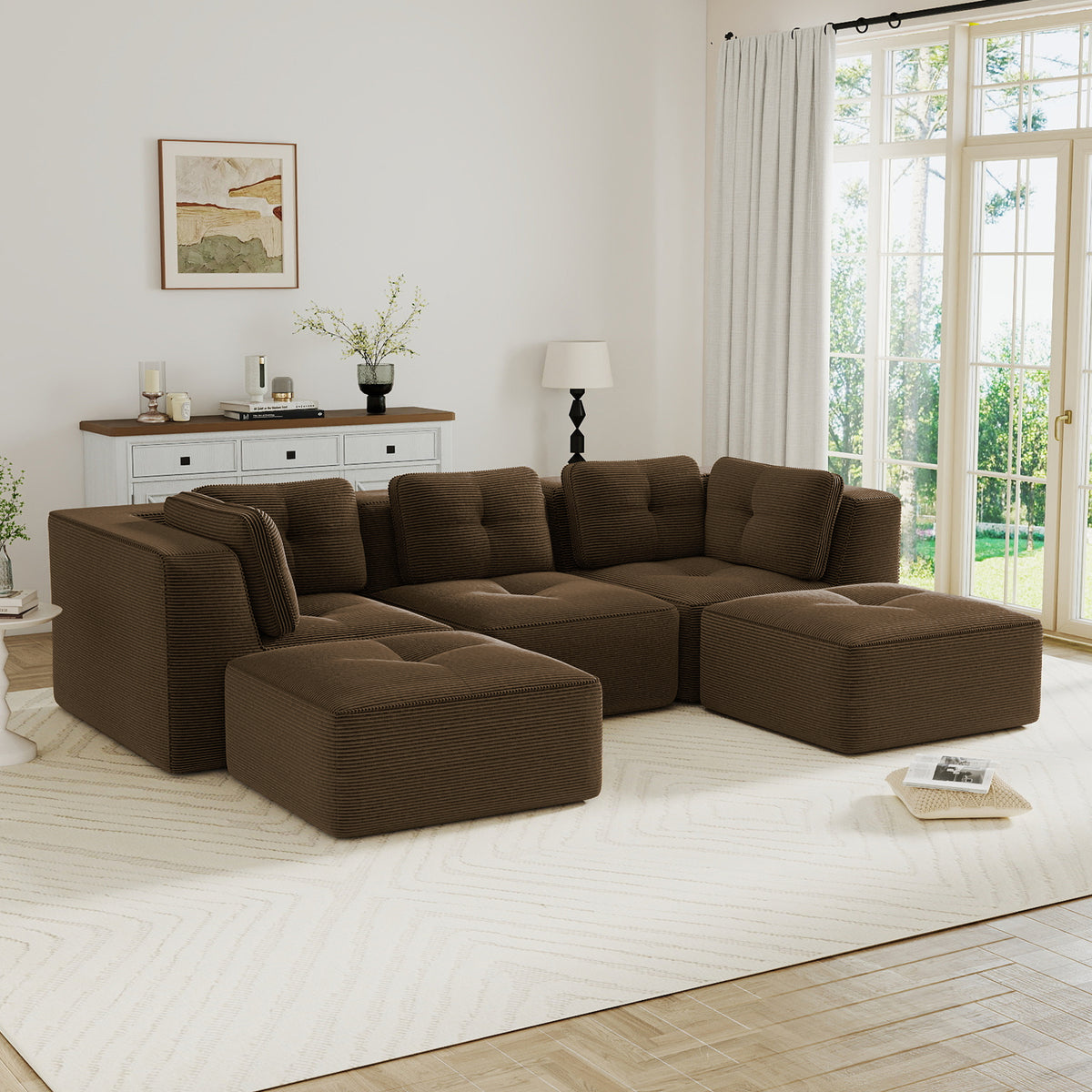 Modern Modular Sectional Sofa for Living Room, Corduroy Fabric,3-Seater Couch with Deep Seat and 2-Movable Ottoman,Pearl-like piping, Tufted Design, No Assembly, Anti-slip Design, Brown-W714S01809