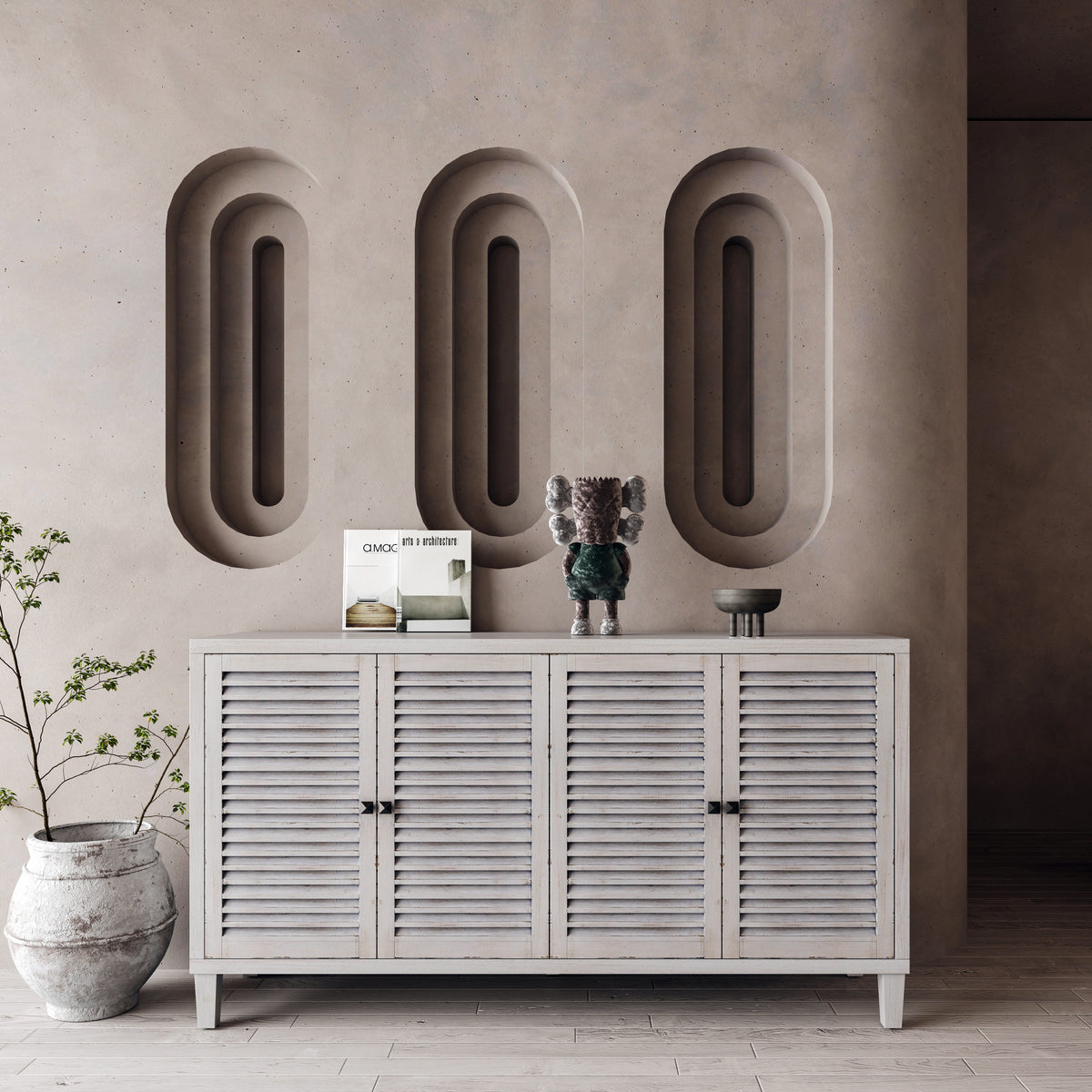 Accent Cabinet 4 Shutter Door Wooden Cabinet Sideboard Buffet Server Cabinet Storage Cabinet, for Living Room, Entryway, Hallway, Office, Kitchen and Dining Room, Distressed White W1435P153088-djyc