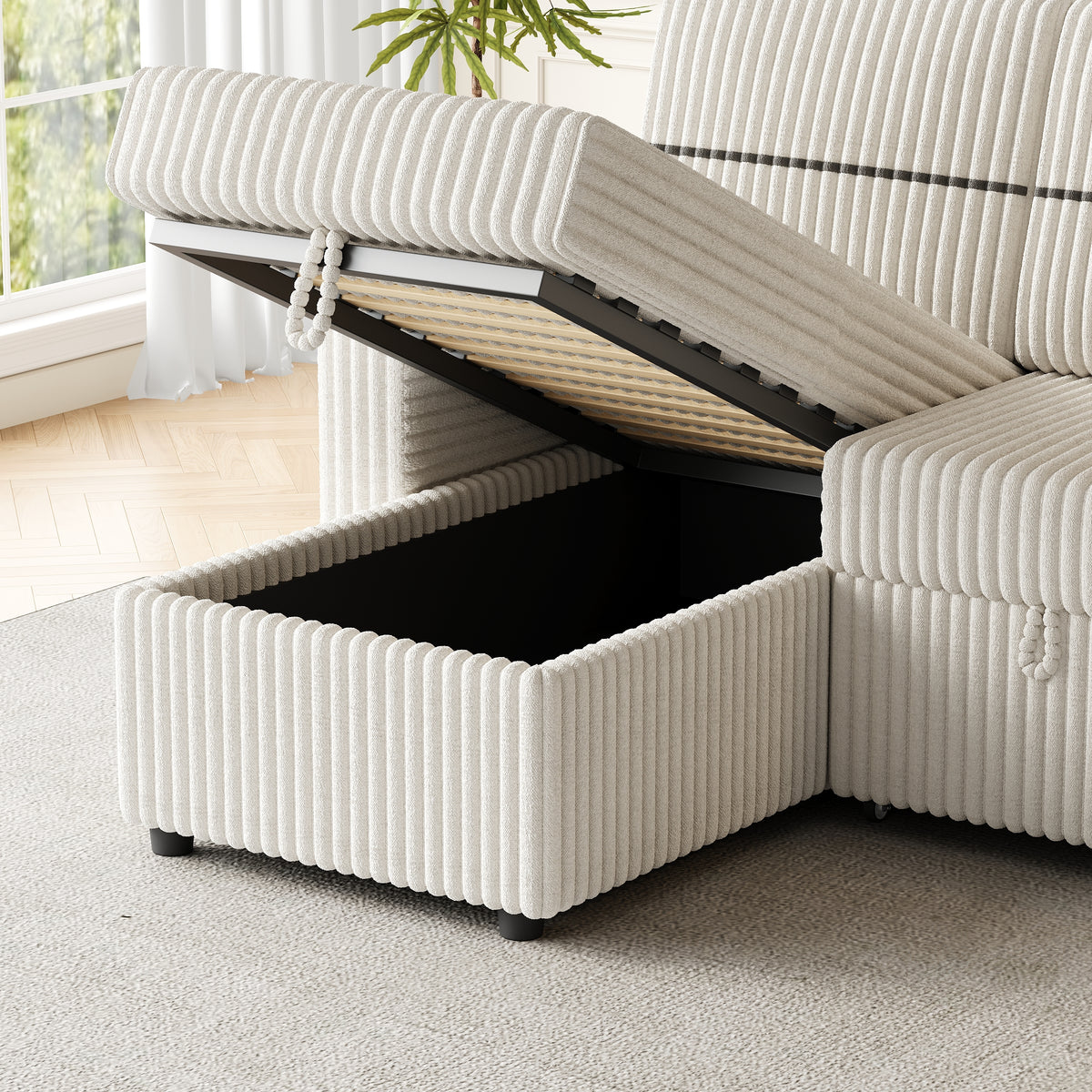 85 Inches Corduroy Sofa Bed, 3 Seater Sleeper Sofa with Storage Chaise, Square Handrail With Two Cup-holder And USB Charge Port, Pull Out Couch for Living Room W834S00272-djyc