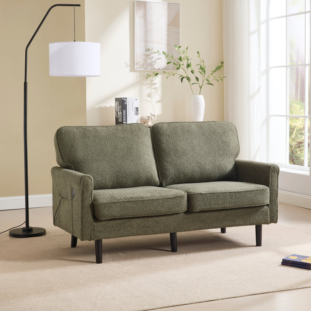 COOLMORE Loveseat Sofa, Mid Century Modern Love Seat, 2 Seater Sofa Couches for Living Room, Small Couch with USB & Removable Pillow Cover, Comfy Couch for Bedroom, Apartment (Green) W395P238825-djyc