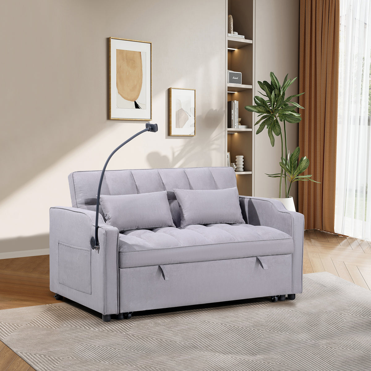 1 multifunctional foldable sofa bed with 3 different lengths, modern sofa, upgraded suede fabric, adjustable backrest, gray color with USB port and rotating telephone stand-W3739P434532