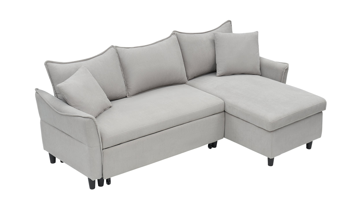 This 80-inch gray corduroy L-shaped sofa comes with two small throw pillows that can be converted into a sofa bed for storage W1278S00027-djyc