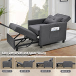 3-in-1 Convertible Futon Sofa Bed with Adjustable Backrest, Single Sofa Bed with Pull Out Sleeper, Convertible Futon Chair for Living Room, Side Bag and 1 Lumbar Pillow,Dark Gray W1998121160-djyc
