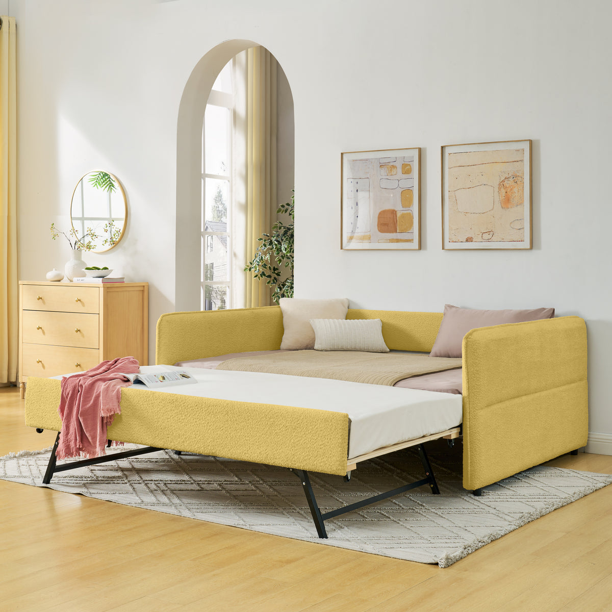 Full Size Daybed with Twin Size Pop-up Trundle Upholstered Tufted Sofa Bed, Full Size, Boucle Fabric (83'x58.5'x29.5')-W1413S00177