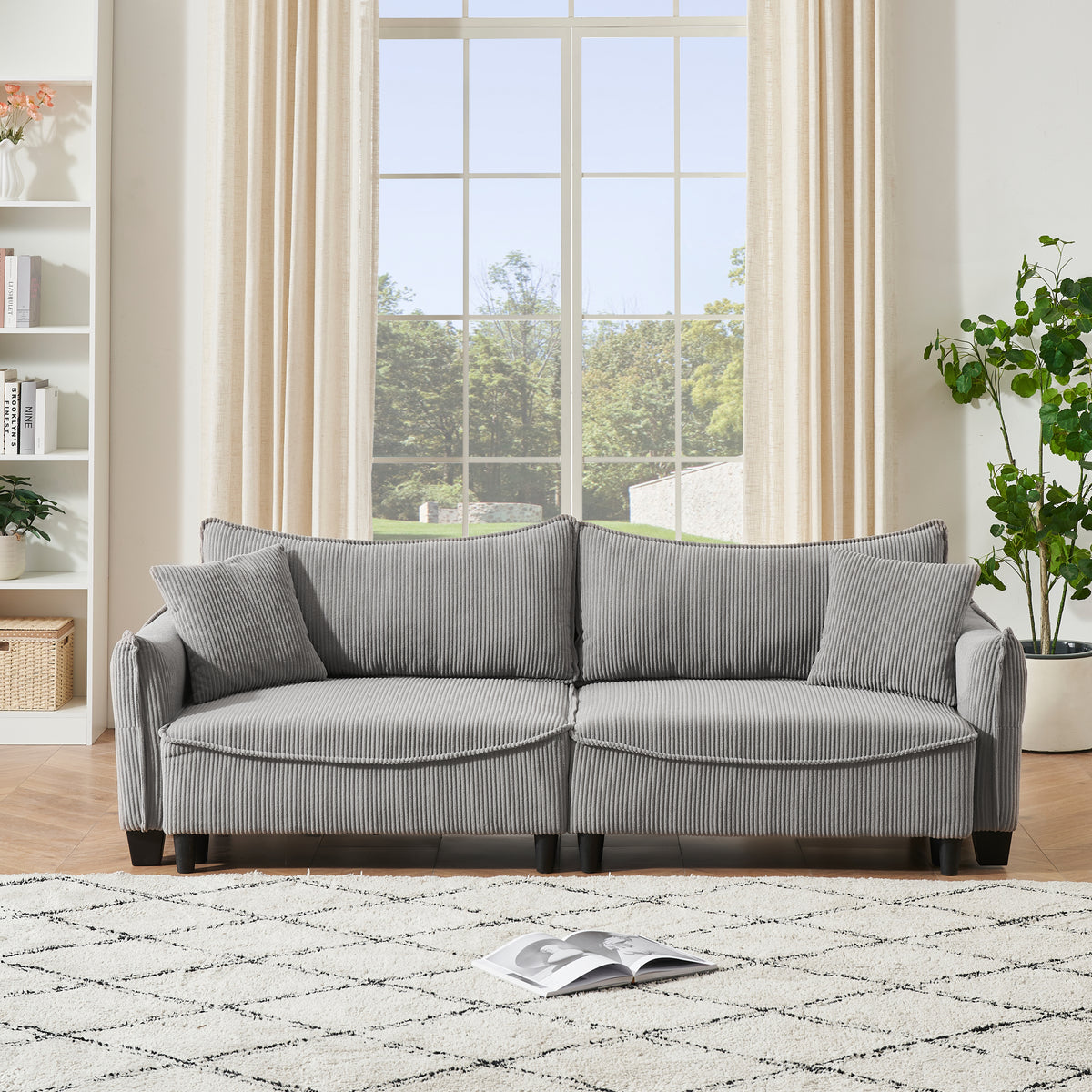 Sofa with Grey Corduroy Fabric, Convertible to Sofa Bed with Two Throw Pillows: Perfect for Living Rooms & Versatile Spaces W1278S00041-djyc