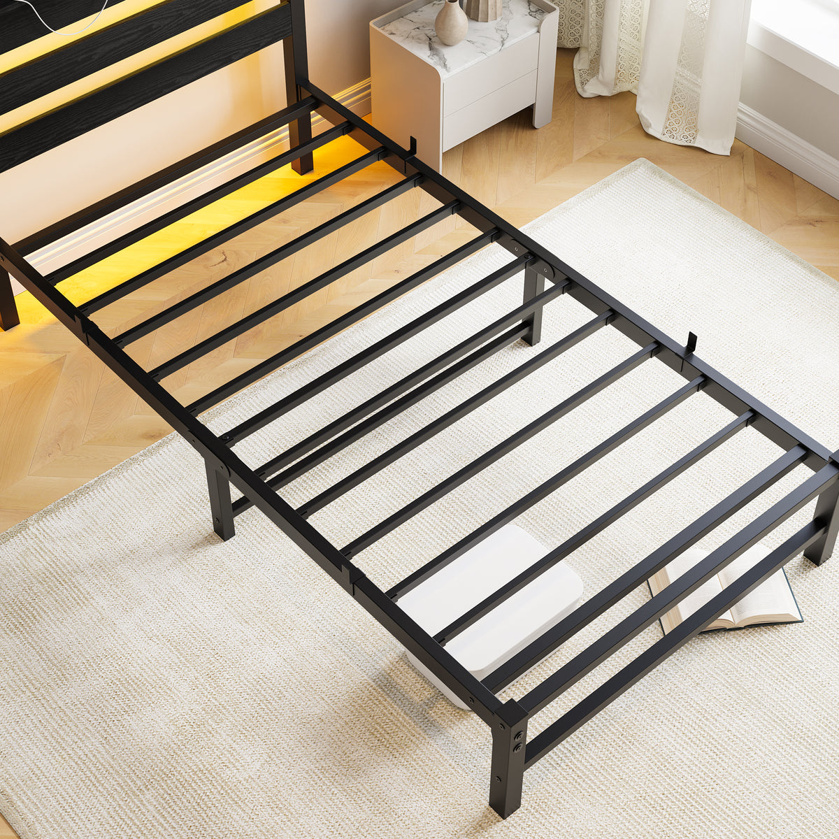Twin Size Bed Frame Heavy Duty Platform Bed Frame with Headboard, USB Charging Station, LED Bed, No Box Spring Needed, Mattress Foundation, Strong Steel Slats, Noise Free, Black W840P209905-djyc