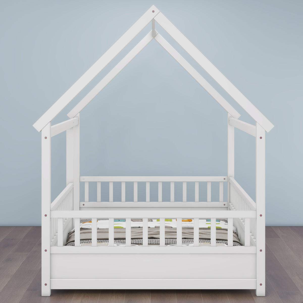 Full Size Floor Wooden Bed with House Roof Frame, Fence Guardrails,White W1858123986-djyc