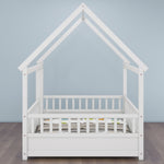 Full Size Floor Wooden Bed with House Roof Frame, Fence Guardrails,White W1858123986-djyc