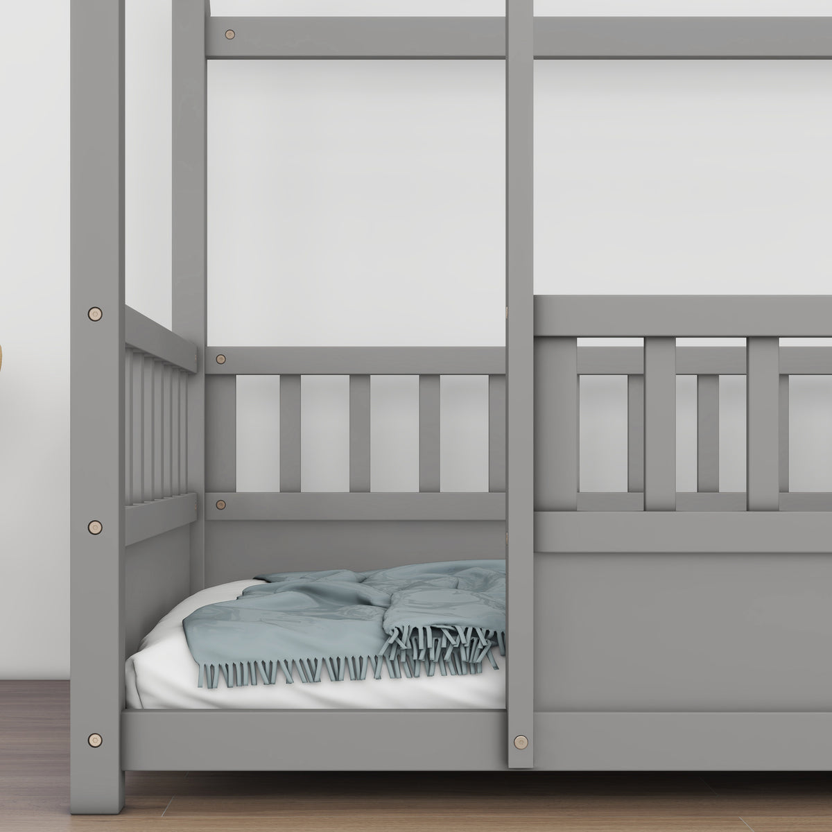Twin Size Floor Wooden Bed with House Roof Frame, Fence Guardrails,Grey W1858123985-djyc